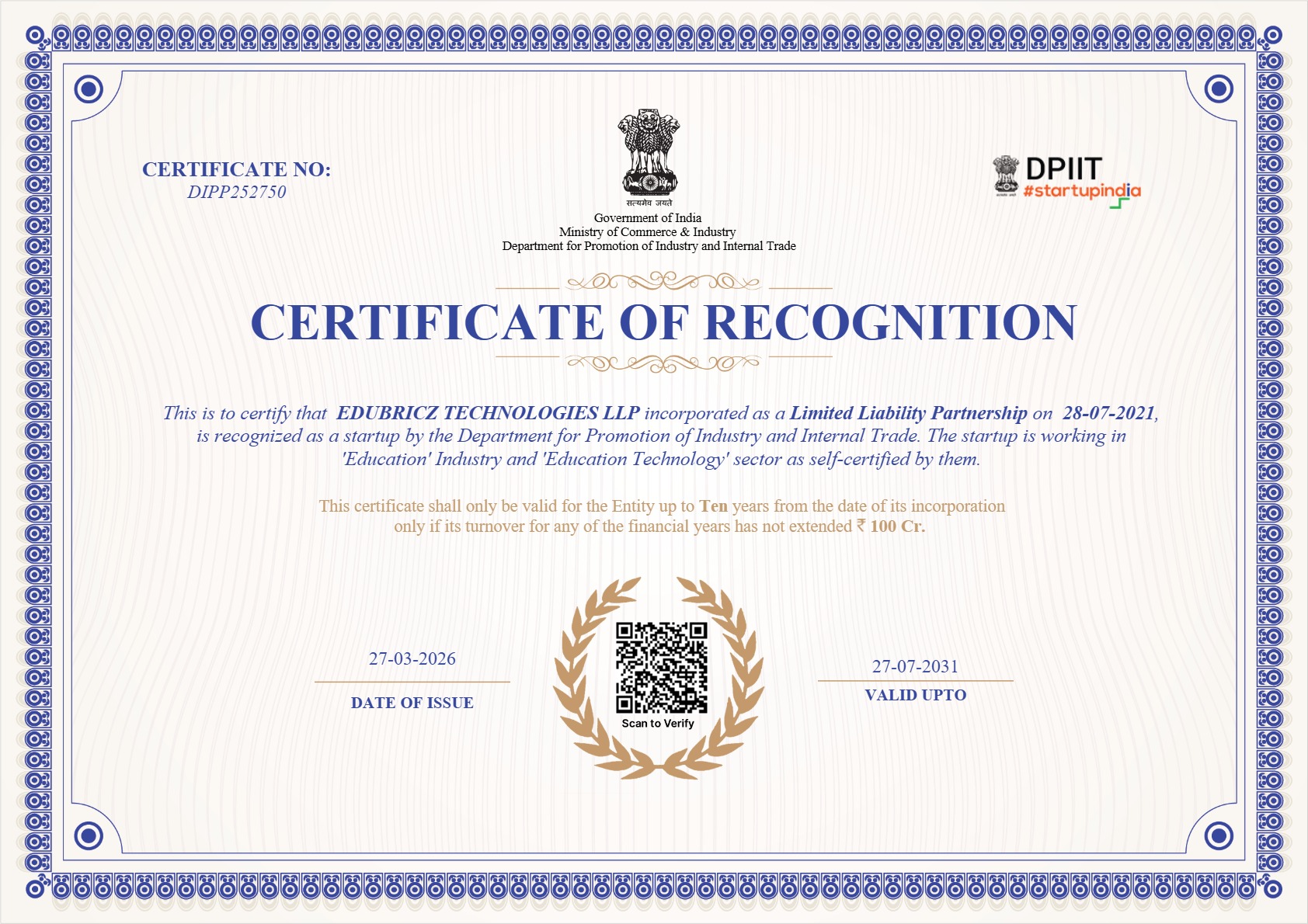 Edubricz Certificate - Best School ERP Software Bangalore